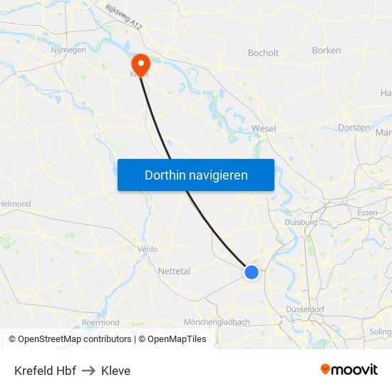 Krefeld Hbf to Kleve map