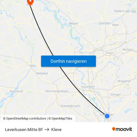 Leverkusen Mitte Bf to Kleve map