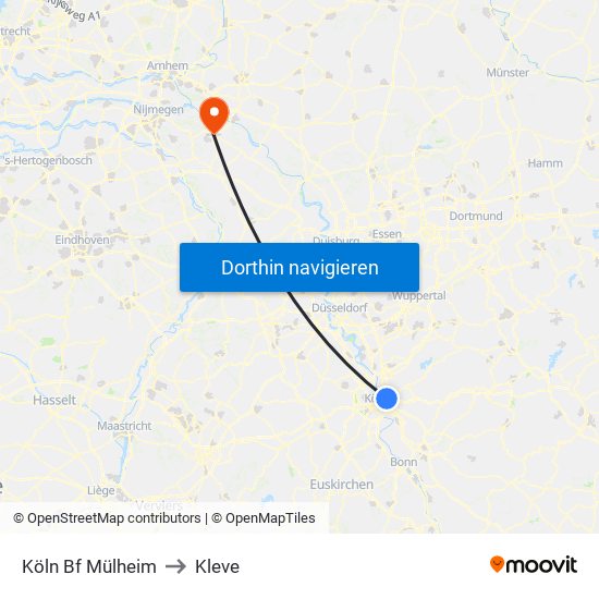 Köln Bf Mülheim to Kleve map