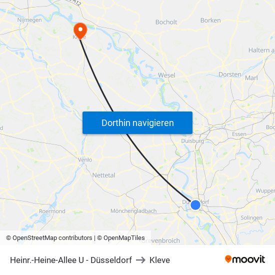 Heinr.-Heine-Allee U - Düsseldorf to Kleve map