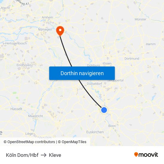Köln Dom/Hbf to Kleve map