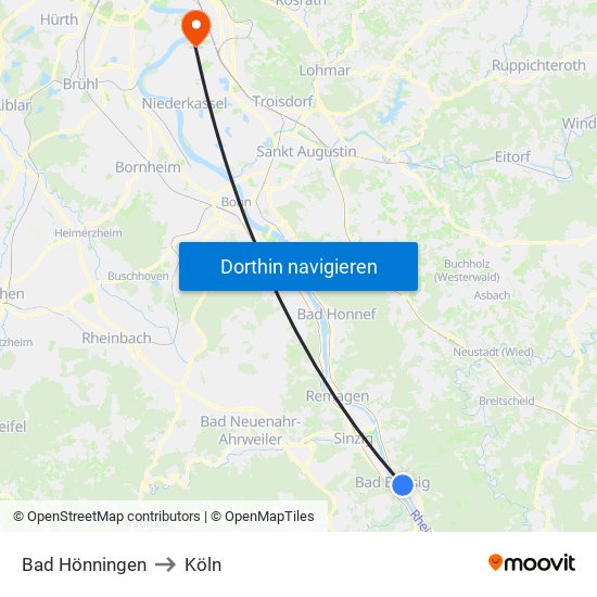 Bad Hönningen to Köln map