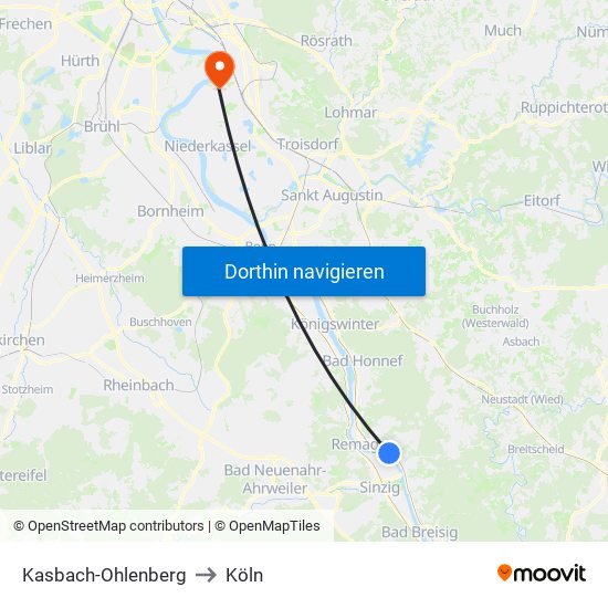 Kasbach-Ohlenberg to Köln map