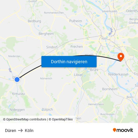 Düren to Köln map