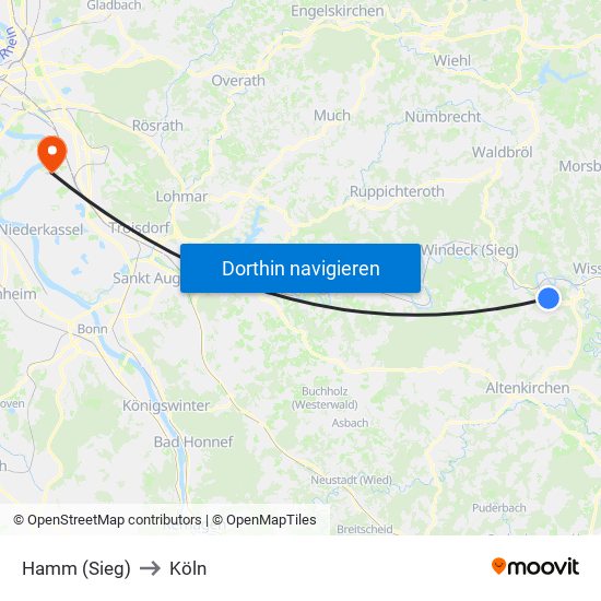 Hamm (Sieg) to Köln map