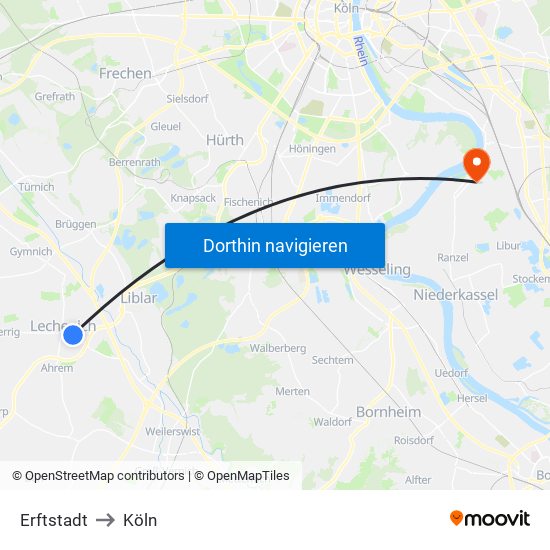 Erftstadt to Köln map