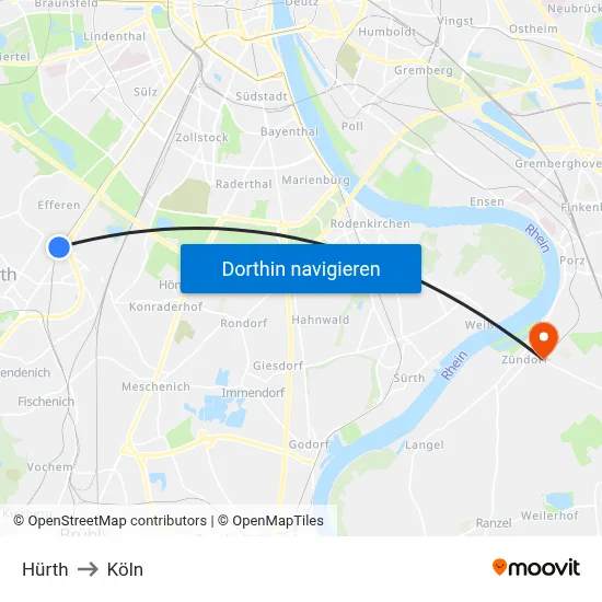 Hürth to Köln map