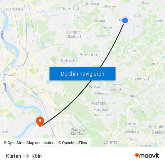 Kürten to Köln map