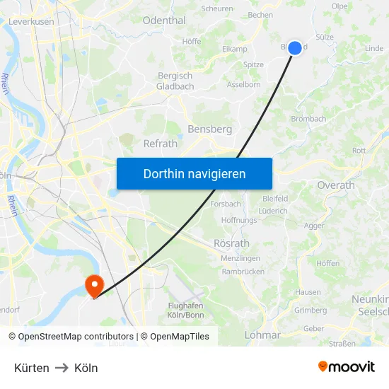 Kürten to Köln map
