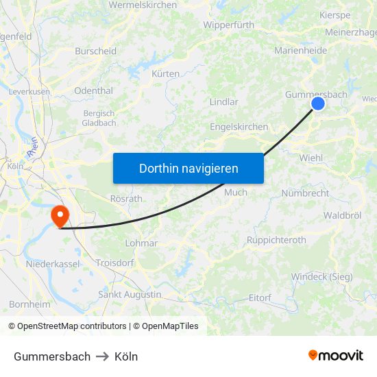 Gummersbach to Köln map