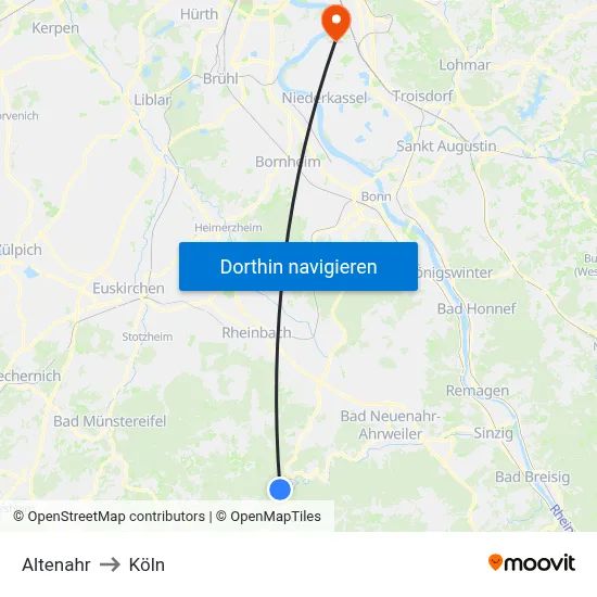 Altenahr to Köln map