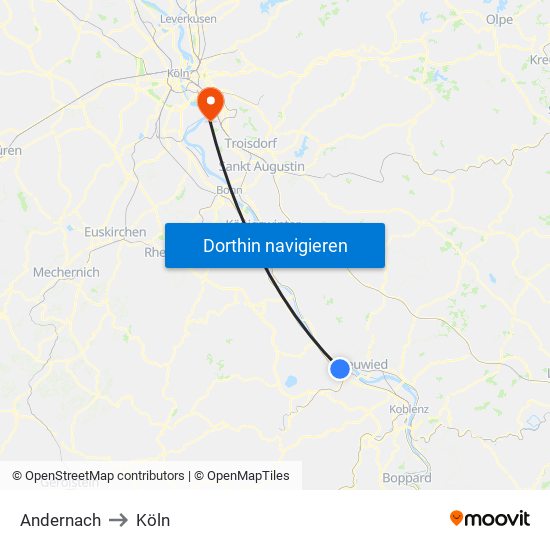 Andernach to Köln map