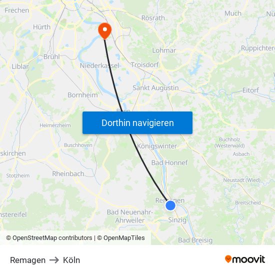 Remagen to Köln map