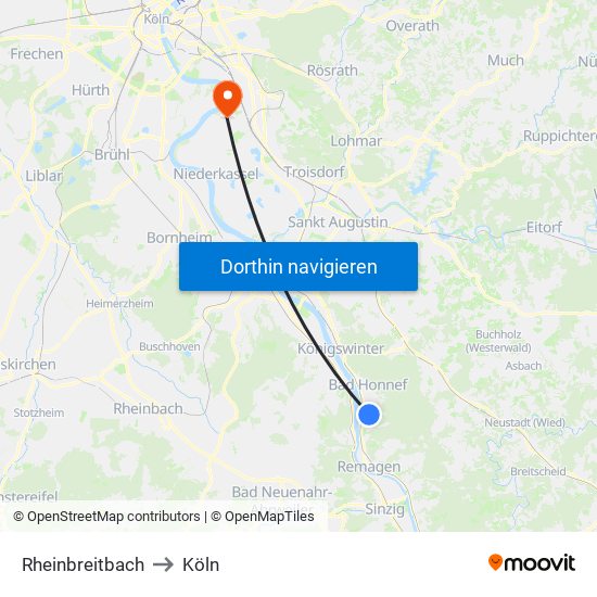 Rheinbreitbach to Köln map