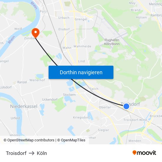 Troisdorf to Köln map