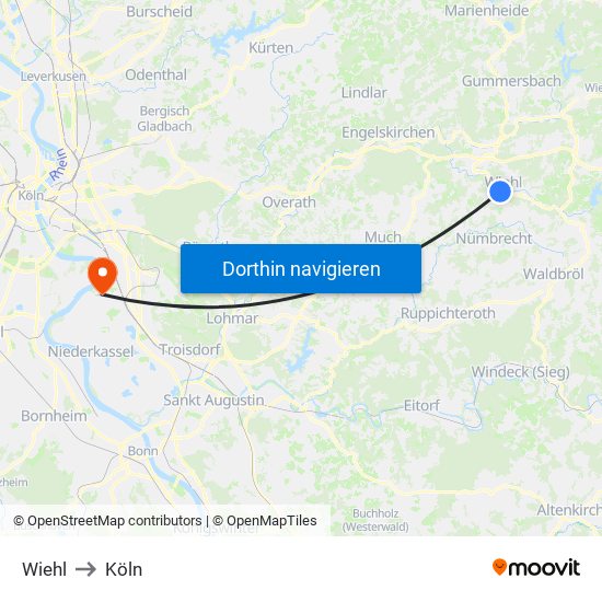 Wiehl to Köln map