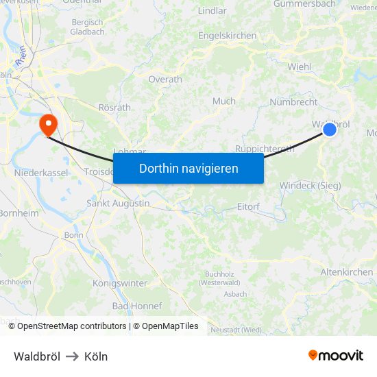 Waldbröl to Köln map