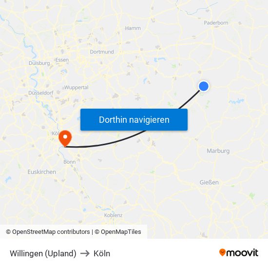 Willingen (Upland) to Köln map