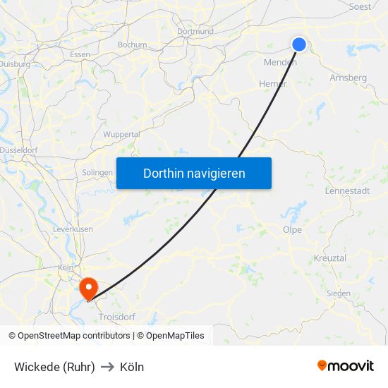 Wickede (Ruhr) to Köln map