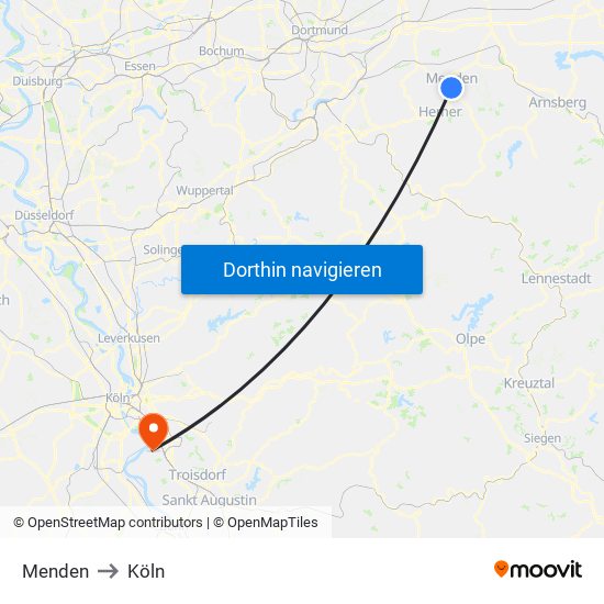 Menden to Köln map