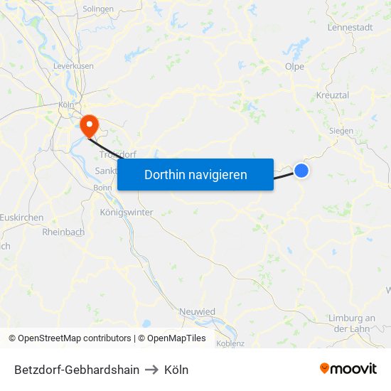 Betzdorf-Gebhardshain to Köln map