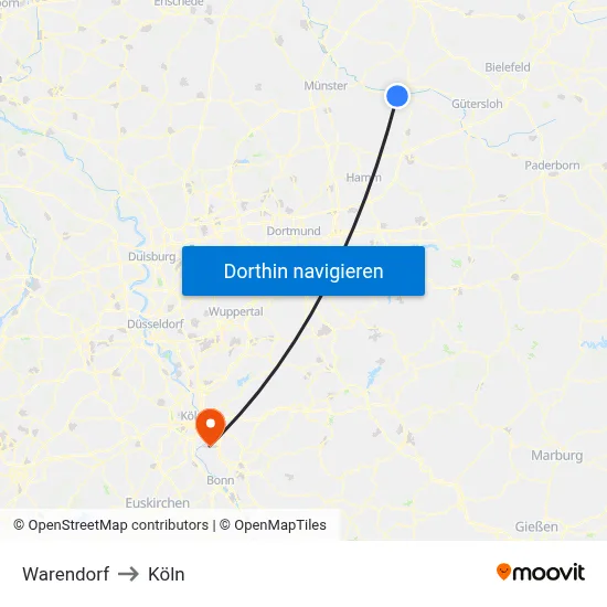 Warendorf to Köln map