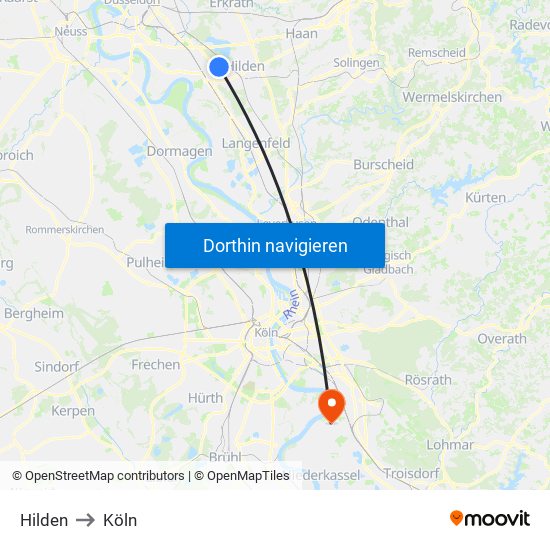 Hilden to Köln map