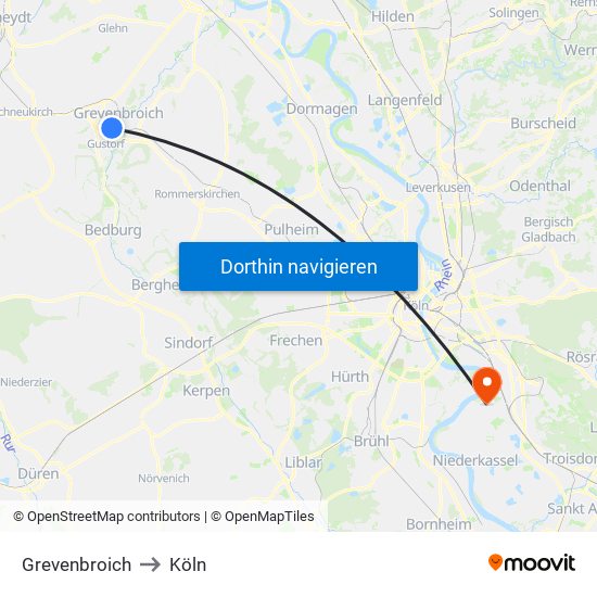 Grevenbroich to Köln map