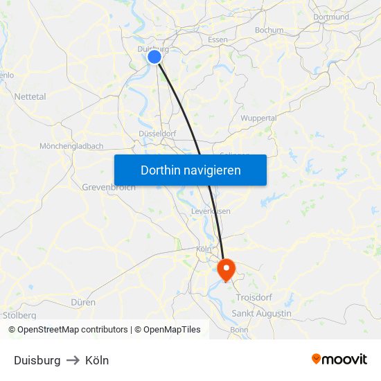 Duisburg to Köln map