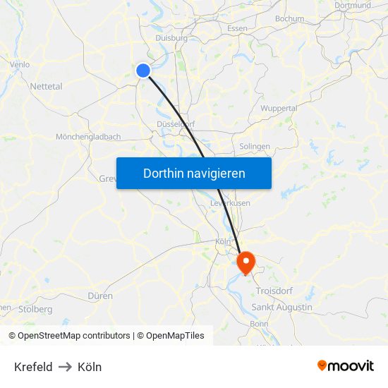 Krefeld to Köln map