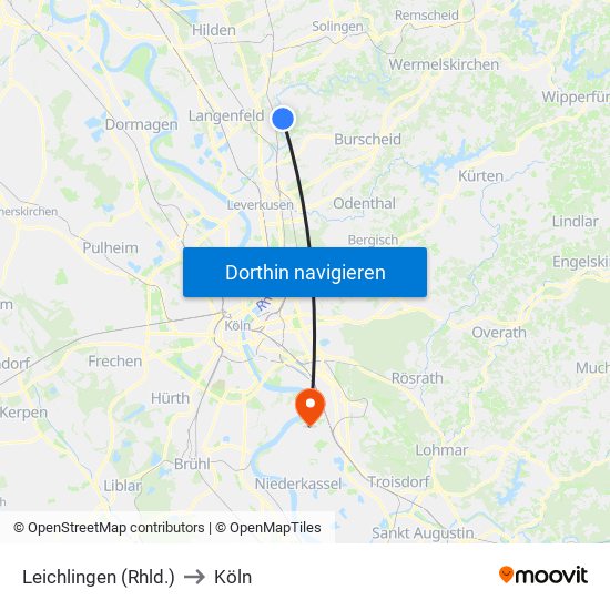 Leichlingen (Rhld.) to Köln map