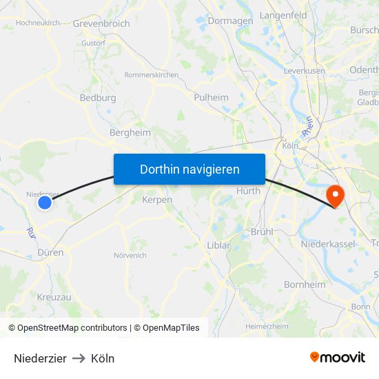 Niederzier to Köln map