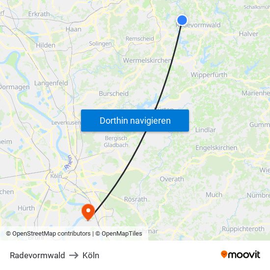 Radevormwald to Köln map