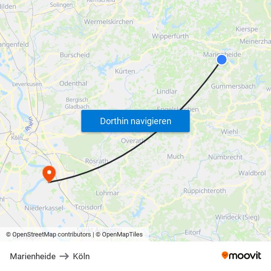 Marienheide to Köln map