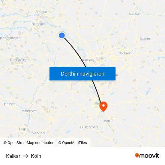 Kalkar to Köln map