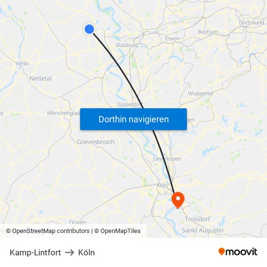 Kamp-Lintfort to Köln map