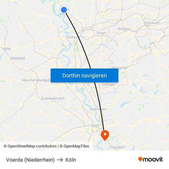 Voerde (Niederrhein) to Köln map