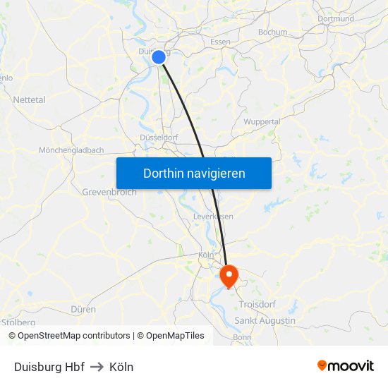 Duisburg Hbf to Köln map