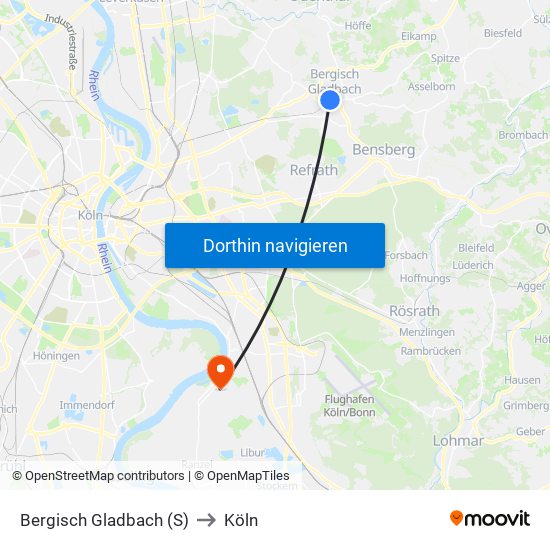 Bergisch Gladbach (S) to Köln map