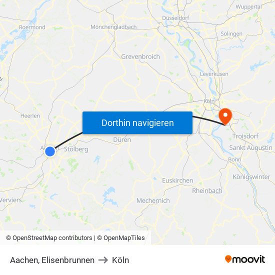 Aachen, Elisenbrunnen to Köln map