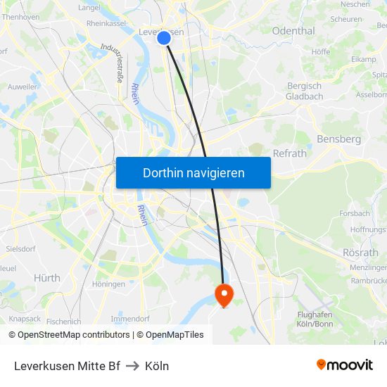 Leverkusen Mitte Bf to Köln map