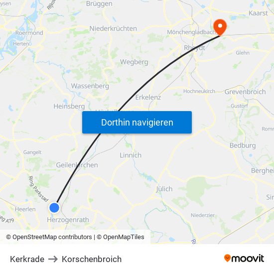 Kerkrade to Korschenbroich map