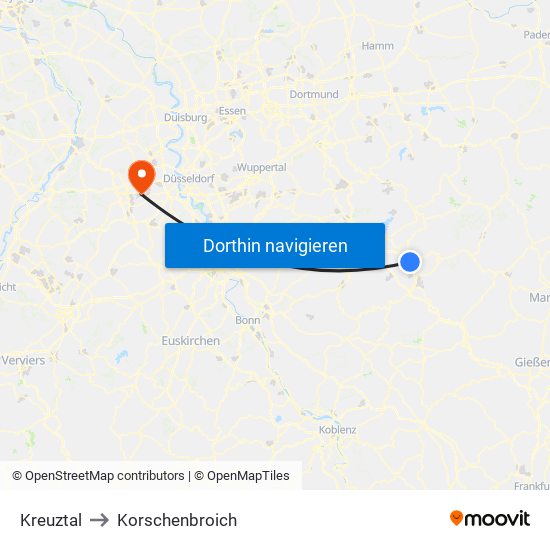 Kreuztal to Korschenbroich map