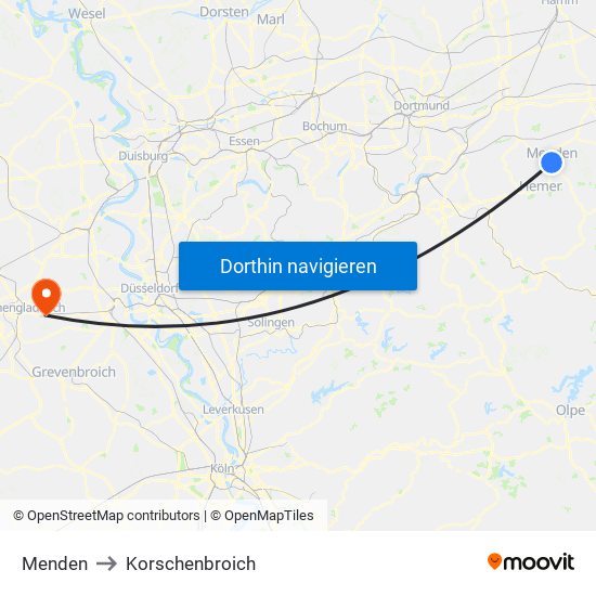 Menden to Korschenbroich map