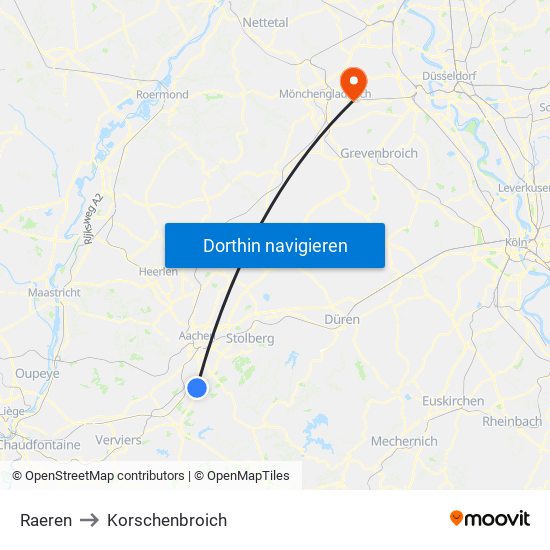 Raeren to Korschenbroich map