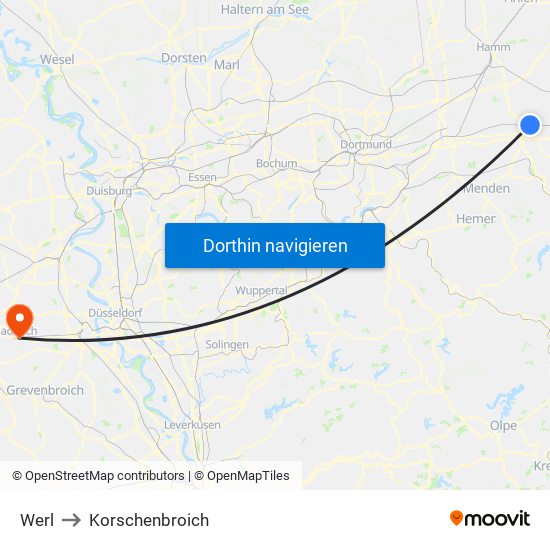 Werl to Korschenbroich map
