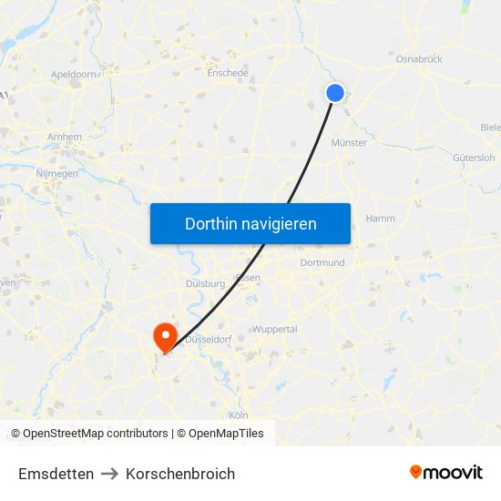 Emsdetten to Korschenbroich map