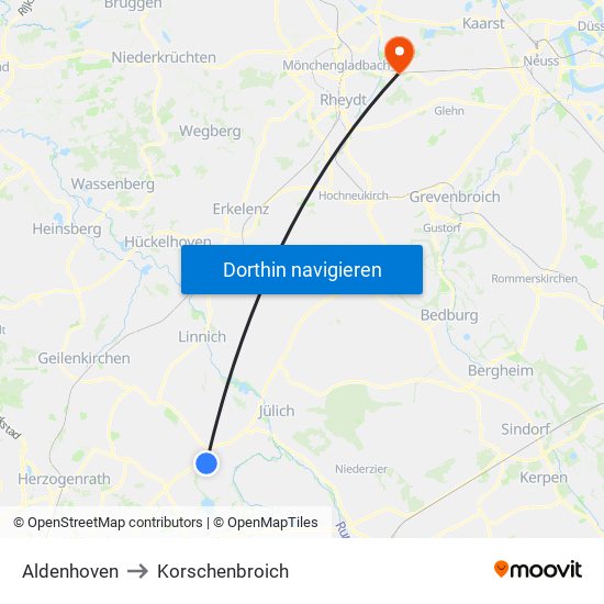 Aldenhoven to Korschenbroich map