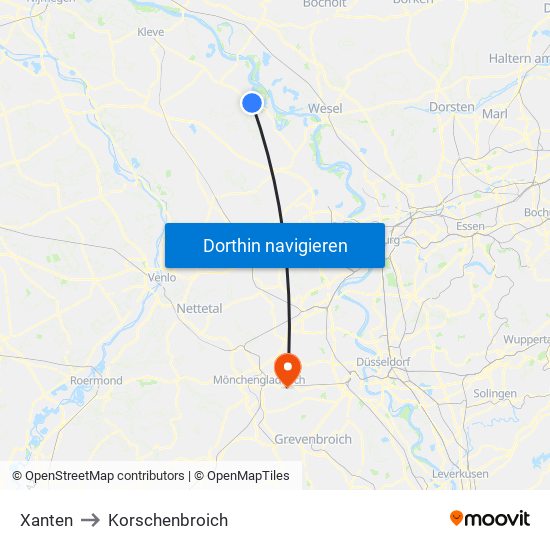 Xanten to Korschenbroich map