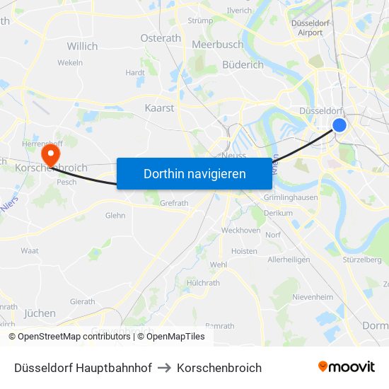 Düsseldorf Hauptbahnhof to Korschenbroich map